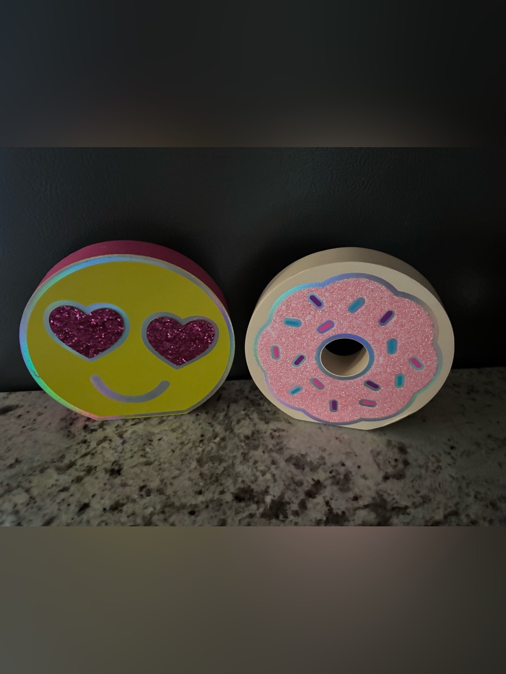 Set of 6 Decorative Pink Glitter Donut and Yellow Heart-Eyes Emoji Wood Accents